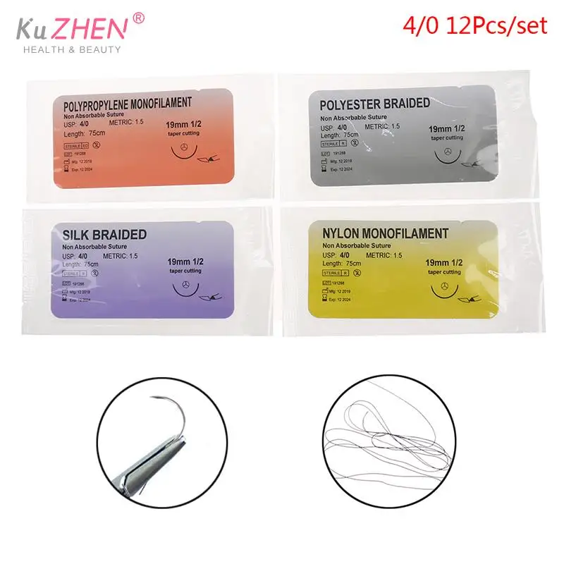 12Pcs/Pack 4/0 Medical Needle Suture Nylon Monofilament Silk Braided Needle Thread Suture Teaching Demonstrations Practice Kit