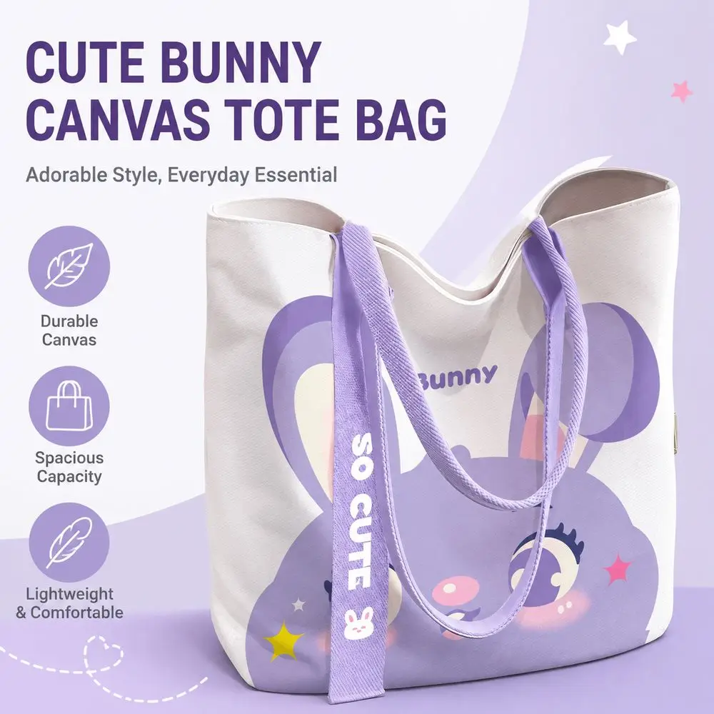 Durable Rabbit Print Canvas Bag Reusable Large Capacity Shoulder Bag Versatile Lightweight Tote Bag Daily Commuting