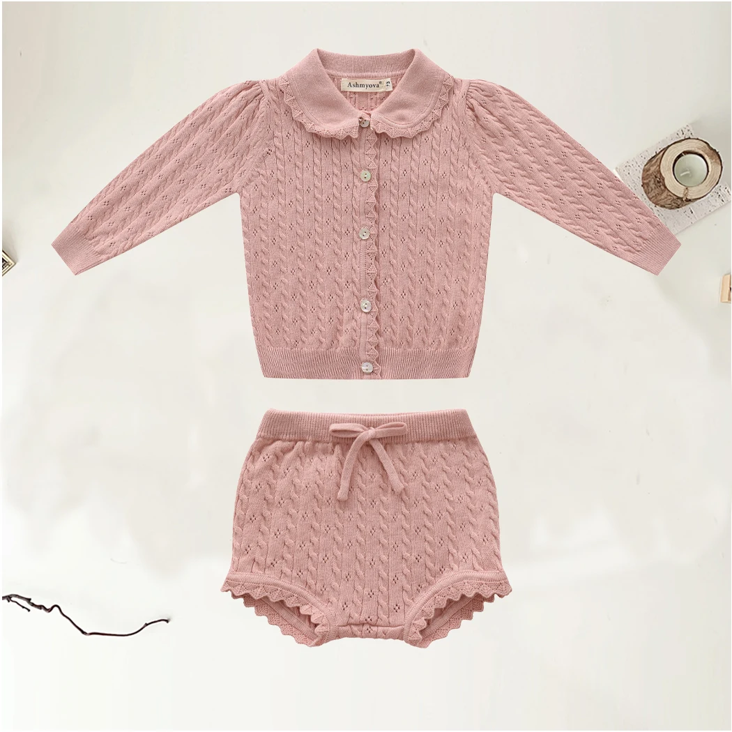 2024 New Fall Baby Girl Knitted Clothes Set Infant Cardigan Sweater Shorts 2pcs Clothing Sets Toddler Long Sleeve Lace Outfits