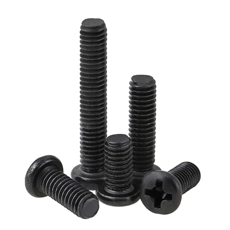 10~300 Pcs Black Cross Round Head Bolt M1 M1.2 M1.4 M1.6 M1.7 M2 M2.5 M3 M3.5 M4 M5 M6 Round Head Phillips Screw Carbon Steel