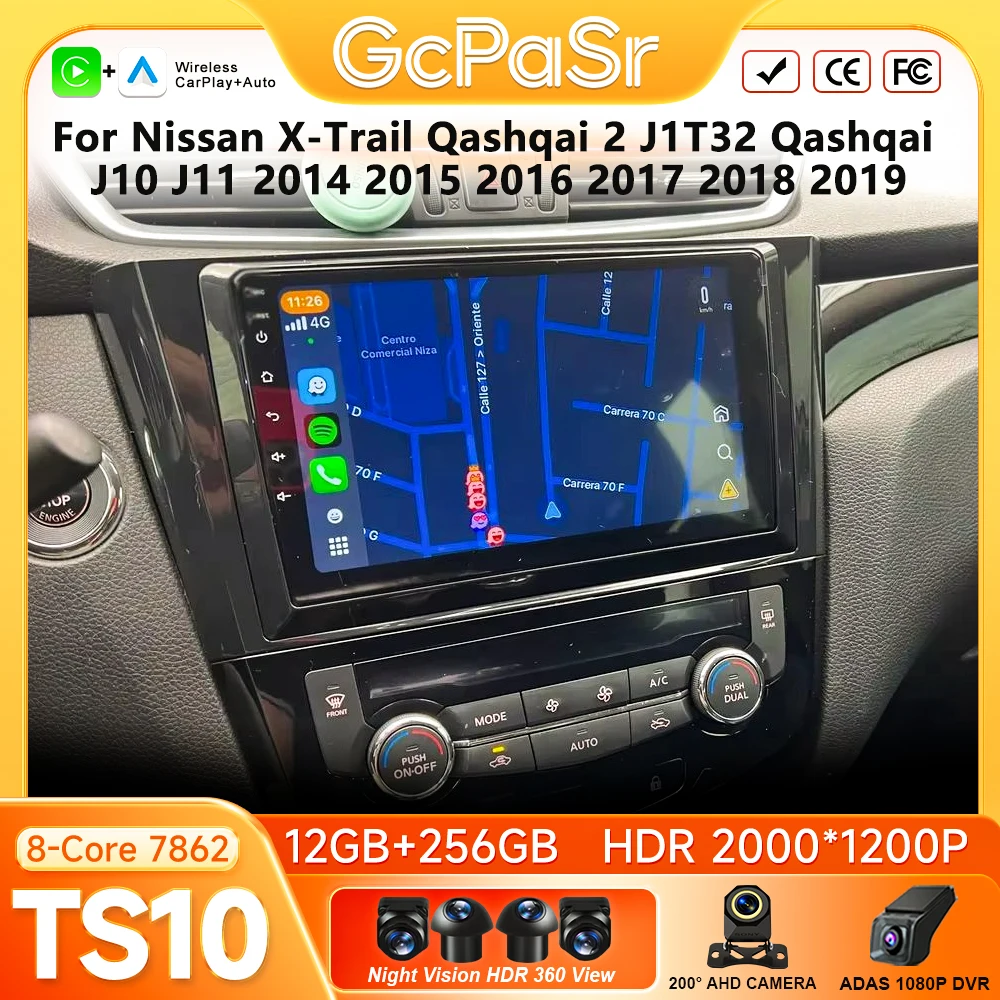 Android 16 Car Radio For Nissan X-Trail Qashqai 2 J1T32 Qashqai J10 J11 2014-2019 GPS Navigation Carplay 4G Video Screen No 2din