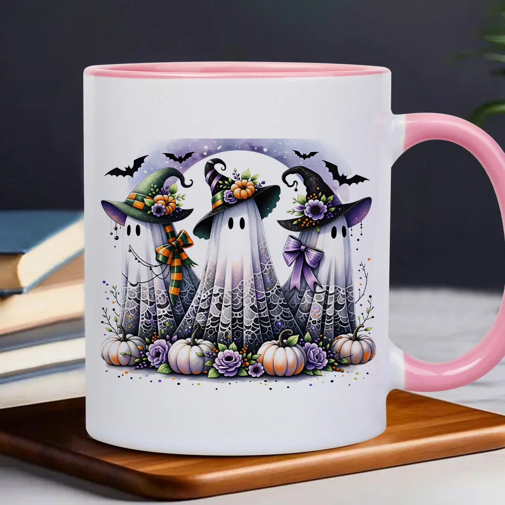 1pc 1pcs Suitable for Halloween Gift Ceramic Mug with Witch Hat Figures, Pumpkin Bat & Floral Watercolor Design - Rim, Spooky Tea/ Cup for,, Sisters - for, Office, or Use