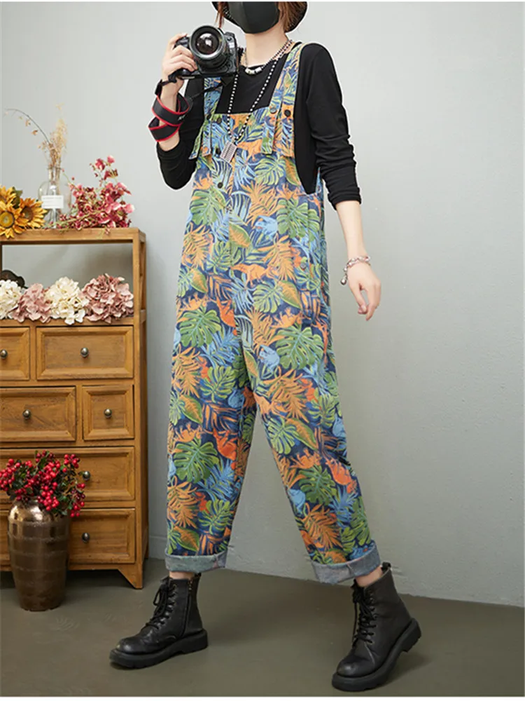 

Casual Loose Plus Size Jeans Jumpsuits Women Spring Autumn Print Floral Denim Overalls Wide Leg Dungarees Straps Baggy Pants