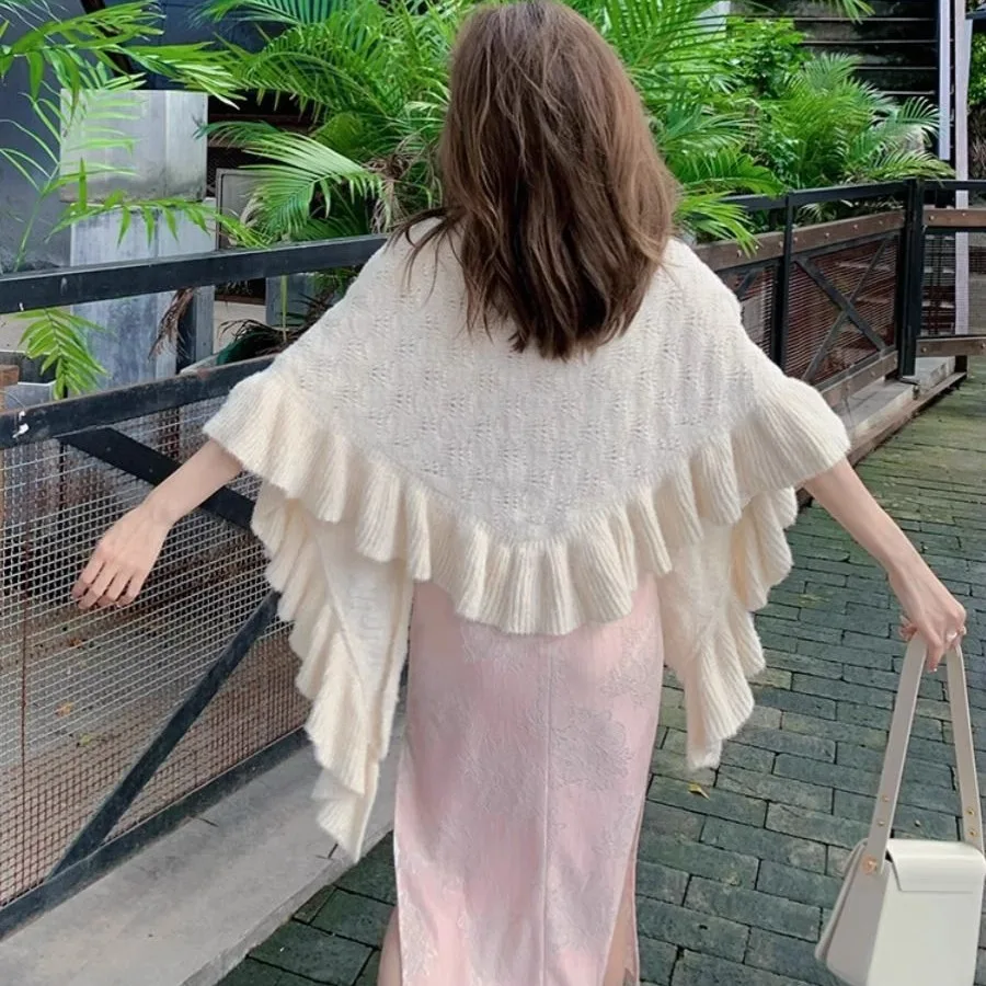 Chinese qipao shawl cape knitted spring and autumn lotus leaf edge style Poncho ethnic style versatile Cloak