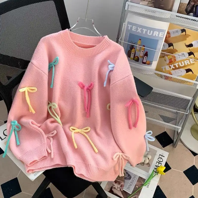 Oversized Loose Bow O-neck Sweater Female Autumn Winter Mid Length Top Knitting Pullovers Women Clothing Sweet Casual Top Tee