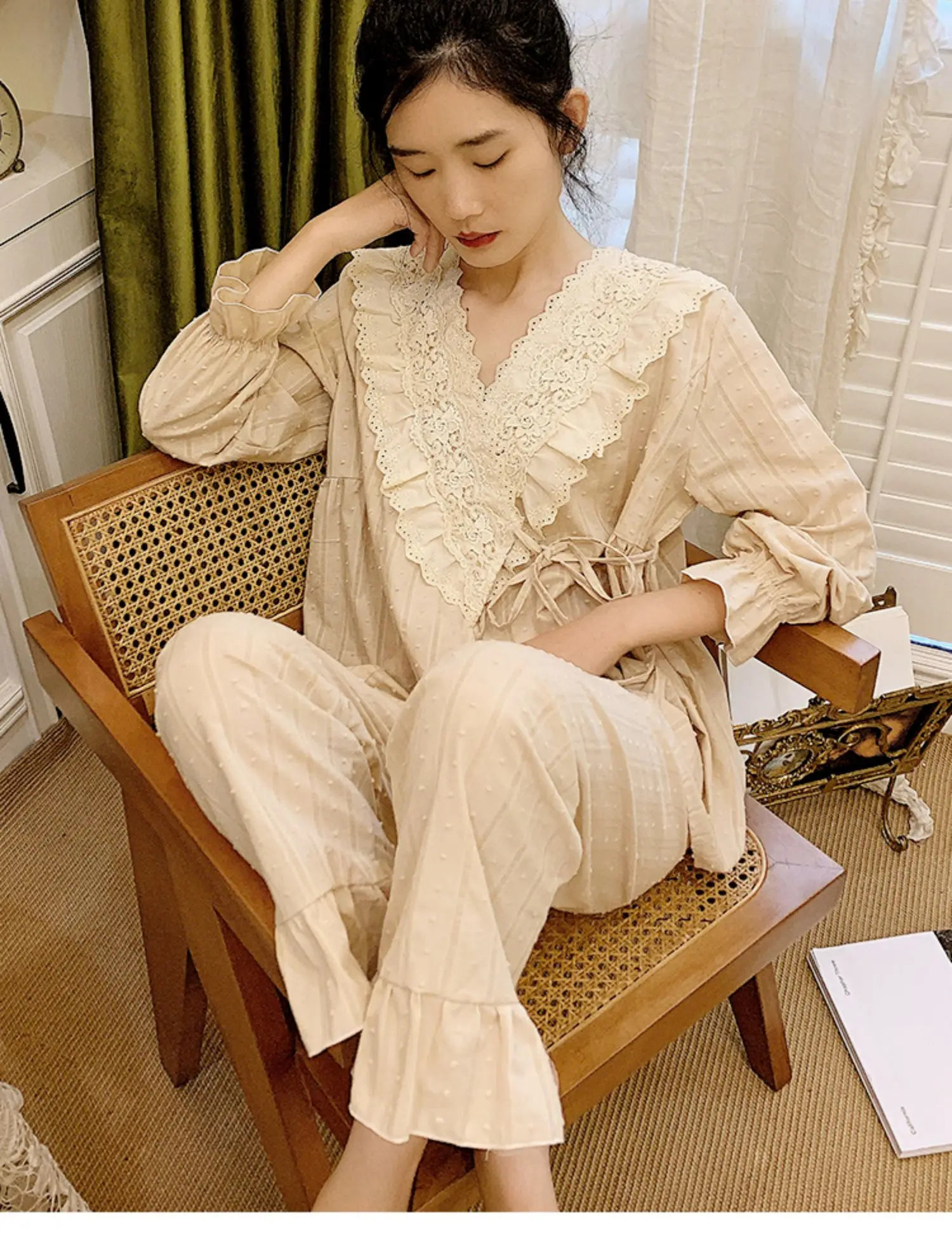 New Women Cute Flower Embroidery Lace V Neck Pajama Sets.Vintage Lady Lace up Princess Pyjamas Set.Sleep Loungewear Nightclothes