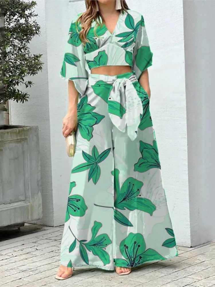 

Sexy Waist-exposing Ultra-short Top Women's Wide-leg Long Pants 2-piece Set Autumn Fashion Printed Elegant Female Long Pants Set