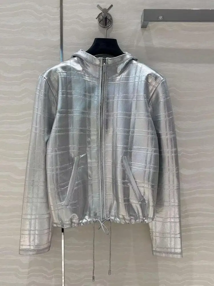 

Spring Fashion Silver Coat 2025 New Women Hooded Zipper Long Sleeve Plaid Pattern Streetwear Chic Jacket
