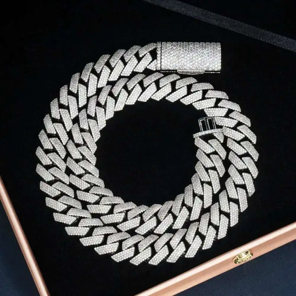 

Top Hip Hop Jewelry 925 Sterling Silver Iced Out Lab Diamond Cuban Chain Necklace 15mm Cuban Link Chain Moissanite