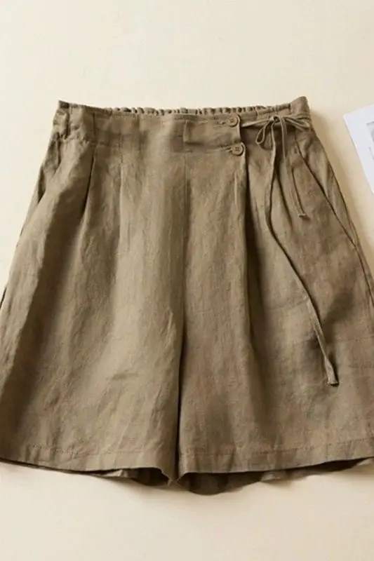 Pantalones cortos de pierna ancha para mujer verano color sólido lino