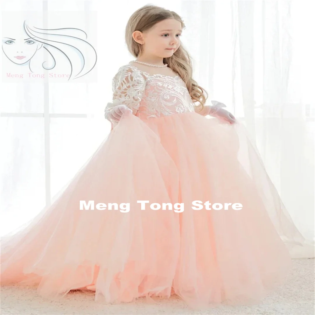 Flower Girl Dresses Pink Tulle White Appliques With Trailing And Bow Long Sleeve For Wedding Birthday Party Holy Communion Gowns