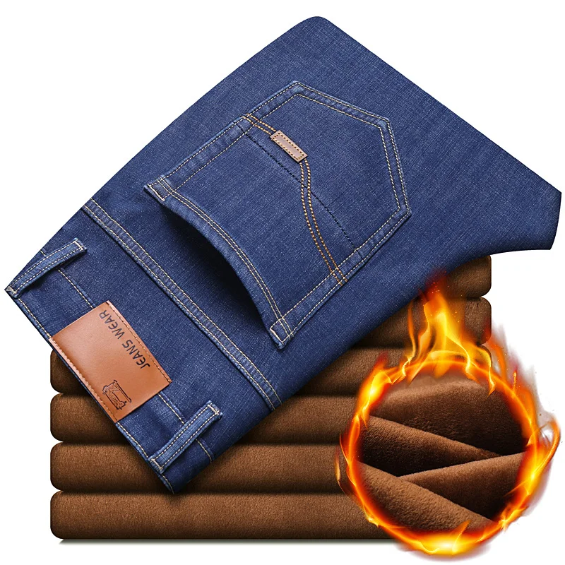 

Men Winter Soft Business Fashion Fleece Stretch Denim Trousers Pantalones Hombre Stretch Baggy Jeans Thick Warm Straight Pants