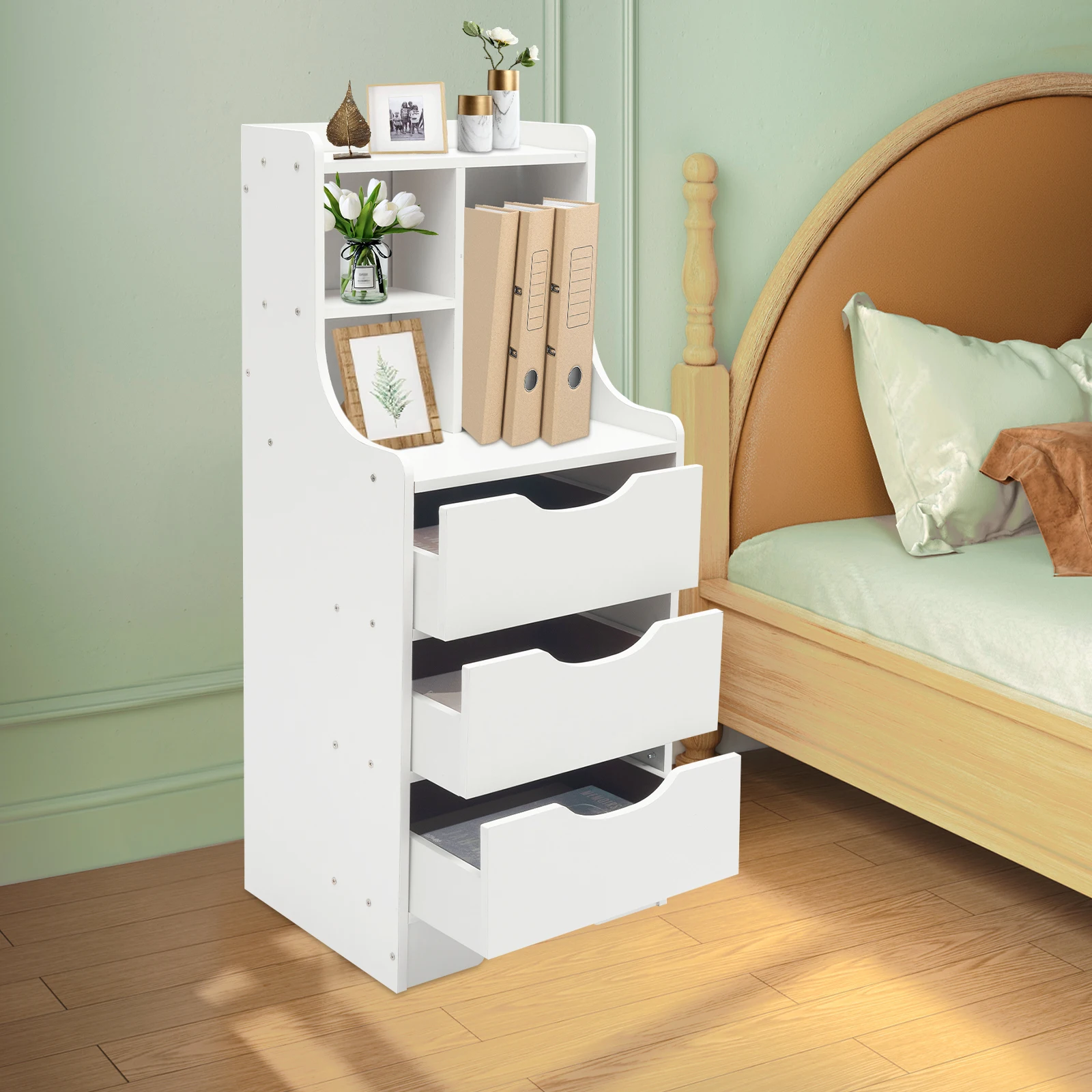 

14.56" L x 11.81" W x 33.46" H,Tall Nightstand for Study or Bedroom Use,3Drawer Vertical Bedside Cabinet,Load Capacity 27.56 lbs