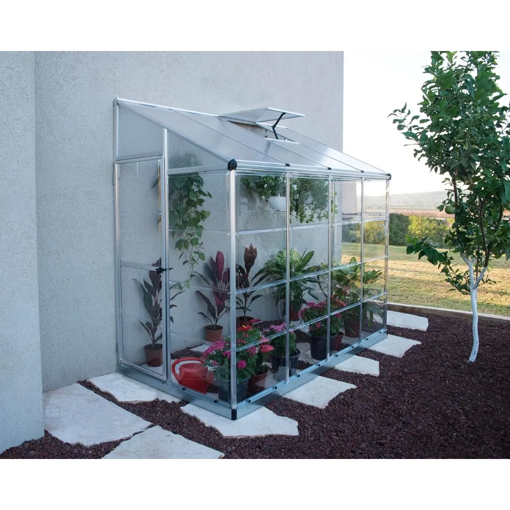 Greenhouse Kit 4' X 8' Hobby Lean-To, Polycarbonate Roof Panels, Heavy Duty Rust Resistant Aluminum Frame, Outside Greenhouse