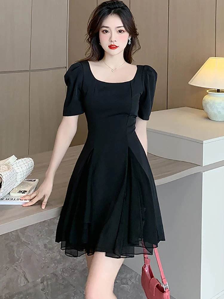 

Black Patchwork Mesh Chic Dance Party Dress for Women Summer Short Sleeve Square Collar Midi Dress 2023 Fashion Elegant Vestidos