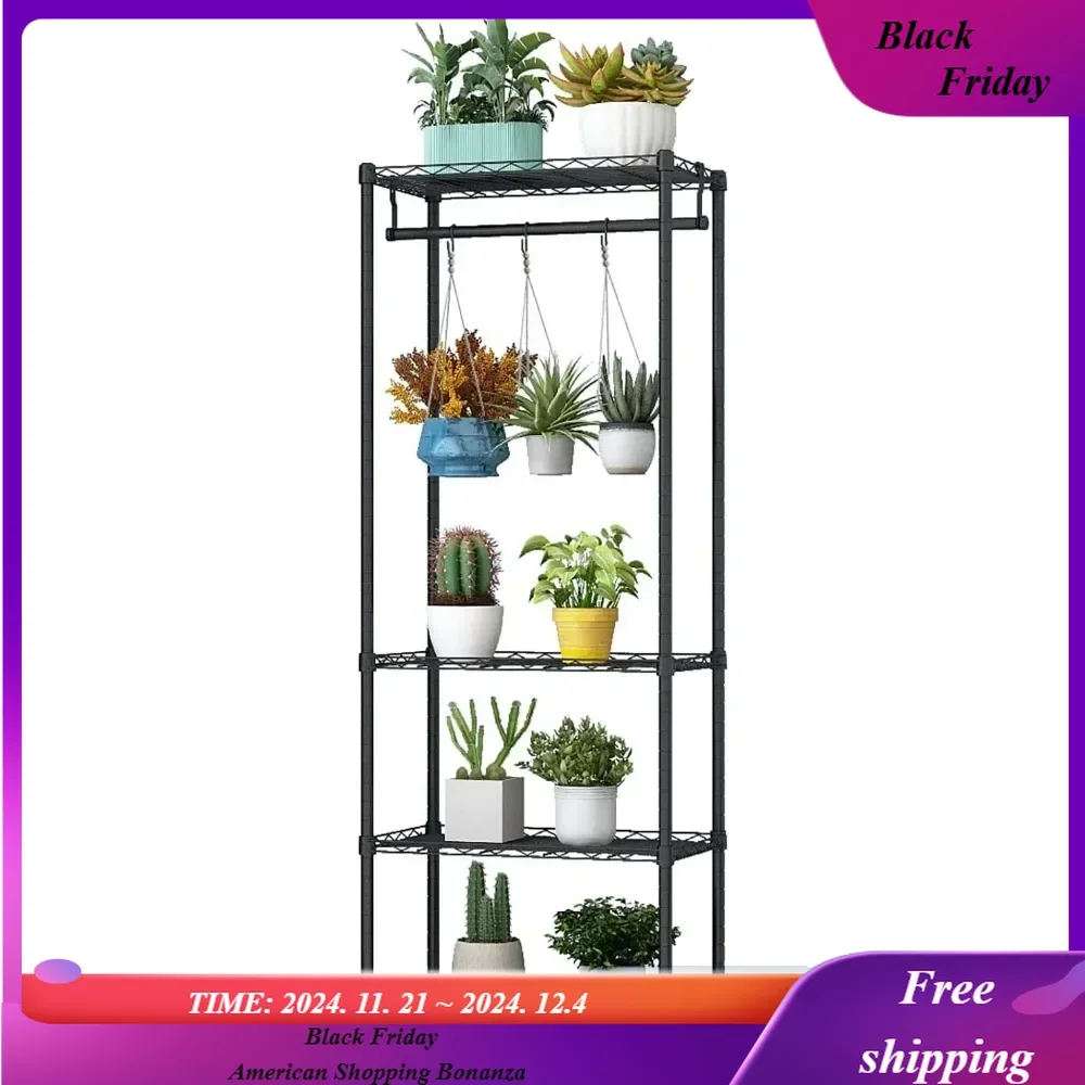 4-Tier Plant Shelf, Large Multiple Flower Pot Holder Rack Hanging Plant Stand 6pcs Hooks,Adjustable Stand Suitable Black