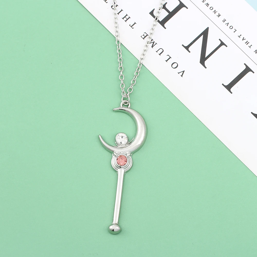 Japan Cartoon Anime Sailor Moon Crystal Pendant Necklace Silver Colour Tsukino Usagi Weapon Necklace for Women Jewelry Toy Gift