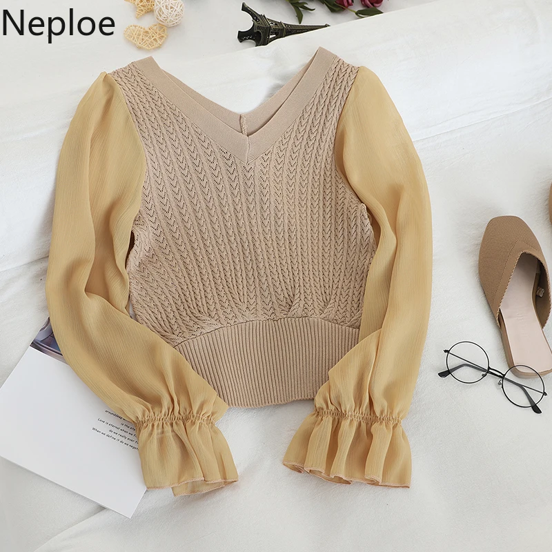 Neploe Fashion Patchwork Mesh Blouse Women V Neck Knit Flare Long Sleeve Blusas 2024 Autumn Spring New Slim Shirt Elegant 47108