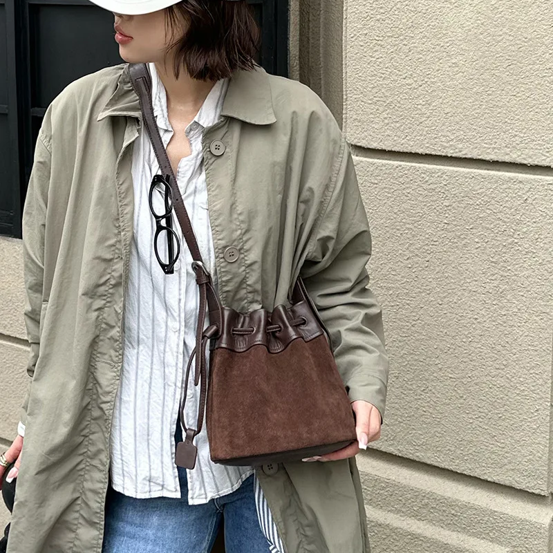 FIRMRANCH 2026 Autumn/Winter New Retro Frosted Leather Patchwork Bucket Purse Drawstring Design Crossbody Bag For Women