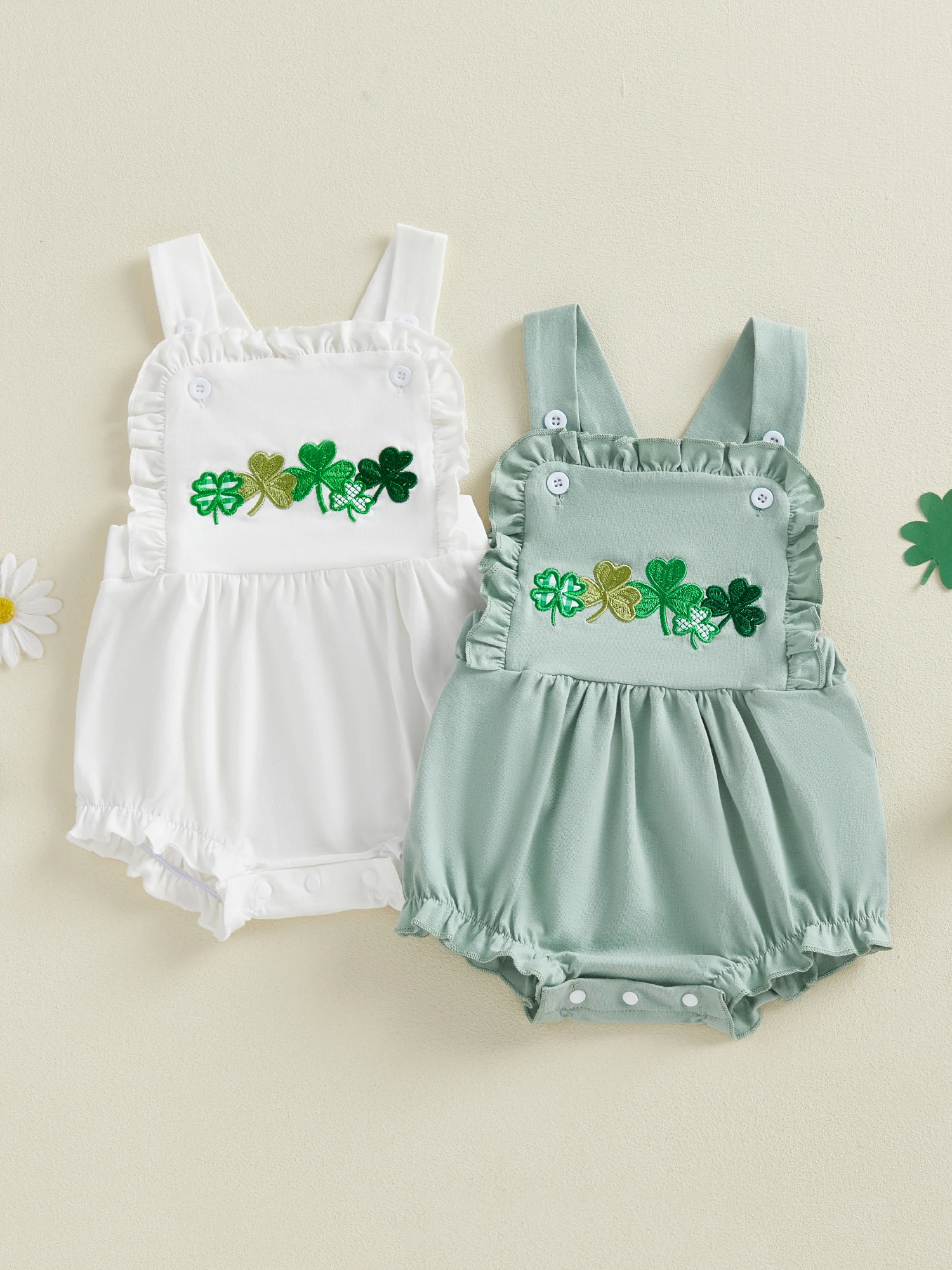 رومبير للأطفال مطبوع عليه زهور الأقحوان الحلوة مع حواف من الدانتيل بذلة للأطفال حديثي الولادة ملابس صيفية بأكمام مكشكشة #1