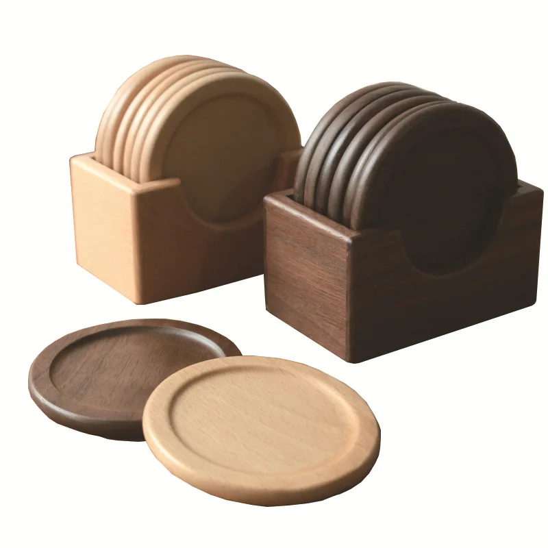 6 Pieces Wooden Coasters Set Black Walnut Solid Wood Round Table Mat Heat Insulation Pad Box Bottom Holder Placemat