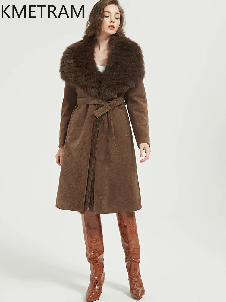 KMETRAM chaqueta acolchada de plumas de ganso blanco para mujer, abrigos largos marrones con cuello de piel de zorro, prendas de vestir exteriores, ropa de invierno, 2025 vestes para mujer