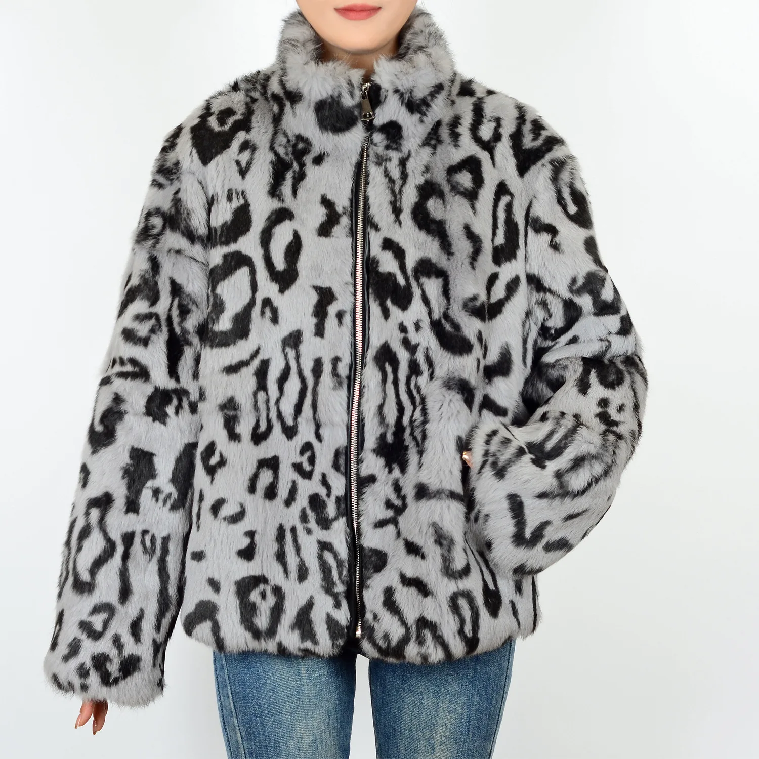 معطف نسائي فاخر من فراء الأرانب الحقيقي بلون سادة وطية صدر واسعة وإغلاق سريع لخريف وشتاء فروي وأكمام طويلة معطف أنيق