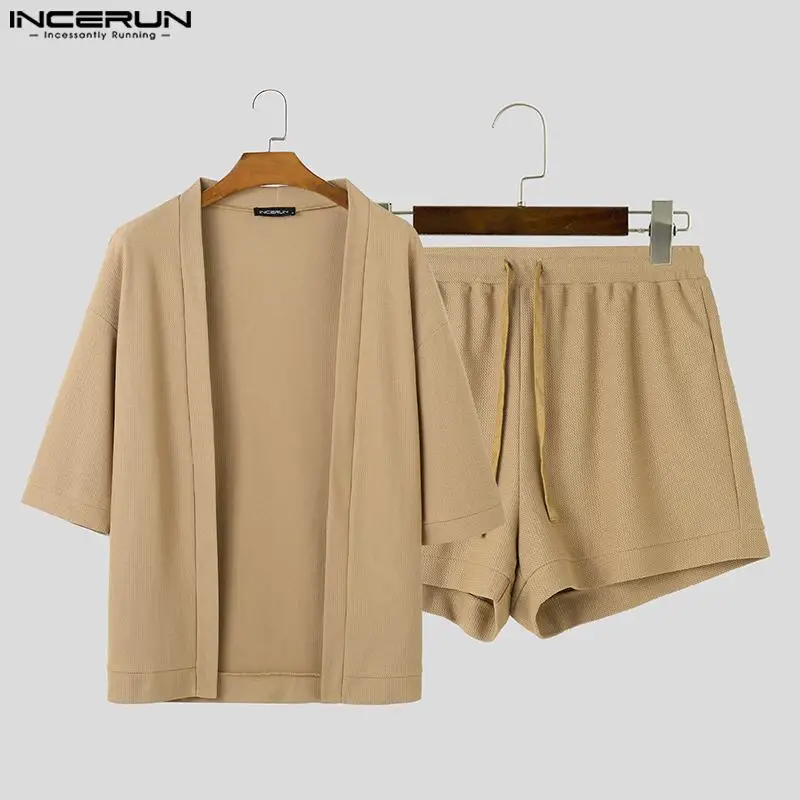 INCERUN-Conjunto de dos piezas para hombre, pantalones cortos de cárdigan de manga media, informales, ahuecados, de Color sólido, S-5XL, estilo