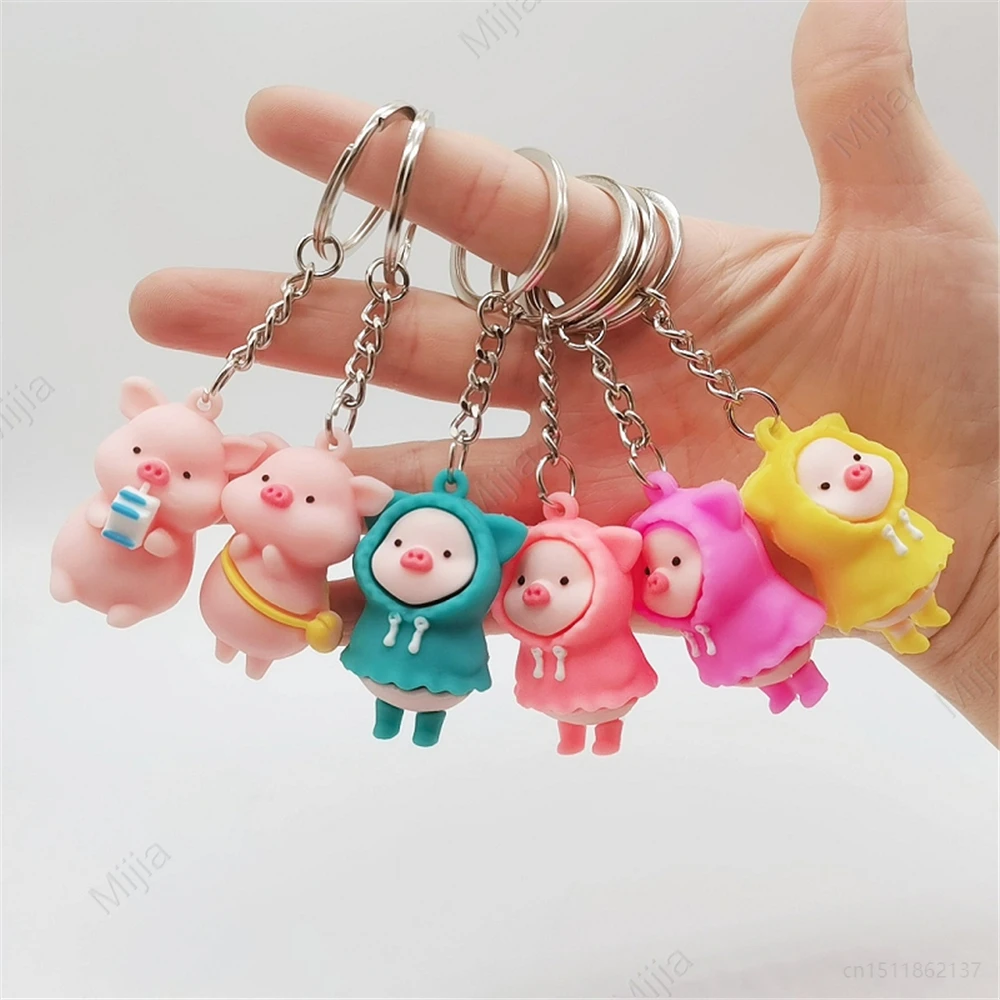 Cute PVC Soft Rubber Cute Raincoat Piggy Keychain Kawaii Pig Doll Key Chains Woman Metal Bag Car Key Ring Ornament Gift