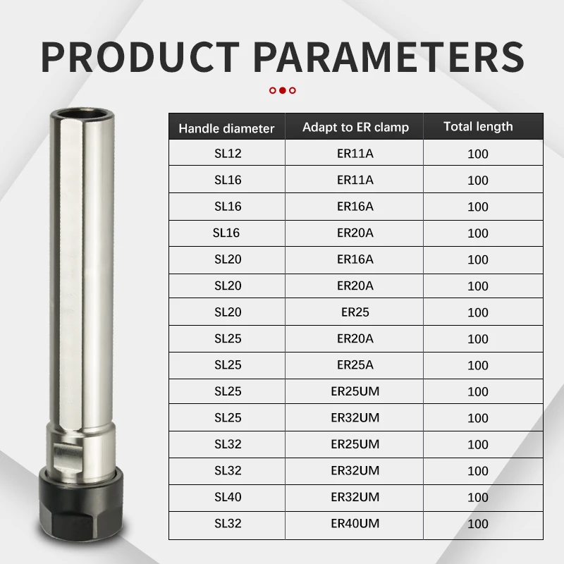 Collet Chuck Holder SL12 SL16 C20 SL25 SL32 for ER11 ER16 ER20 ER28 Collet 100L Extension Straight Shank ER11A ER16A ER20A