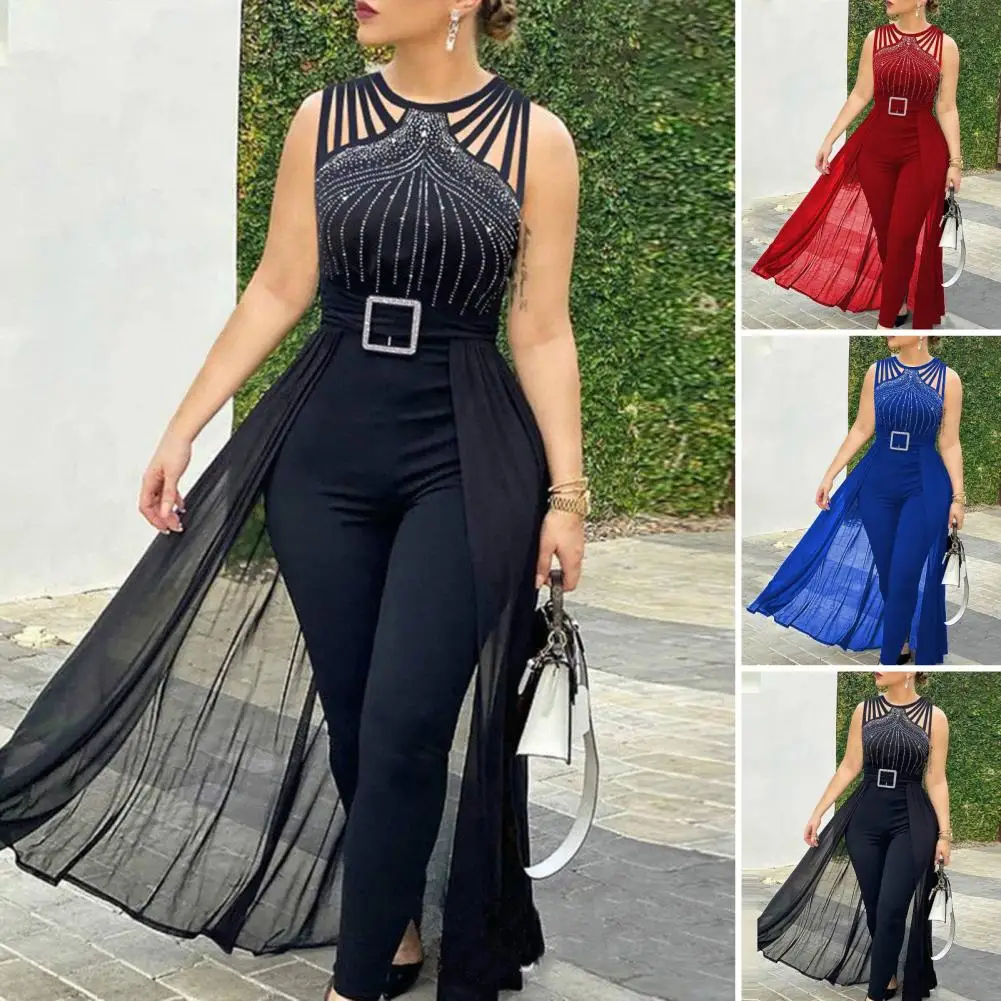 Dames Jumpsuit Geplooide Jumpsuit Elegante Strass Gesp Jumpsuit Voor Dames Mesh Patchwork Hoge Taille Formele Gelegenheid Feest