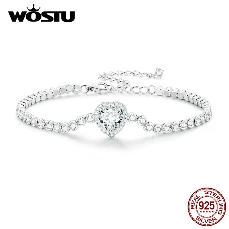 WOSTU 925 Sterling Silver Love Heart Charm Chain Bracelets Women Luxury Cubic Zirconia Bling Bangles Wrist Wedding Party Gift