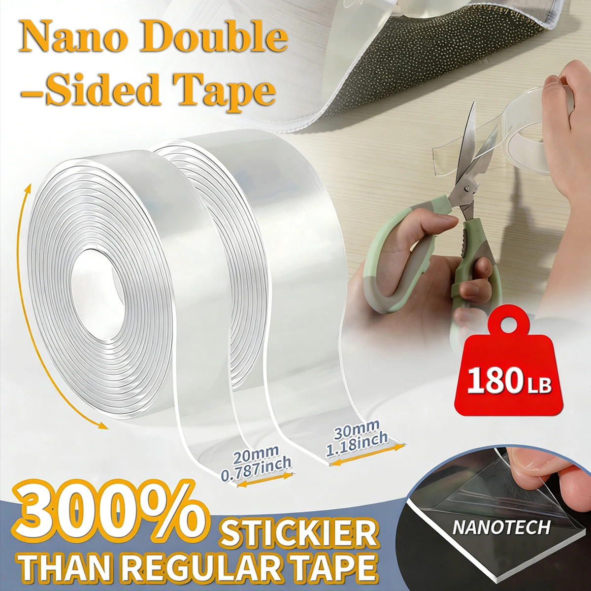 3Rolls 15M Super Strong Adhesive Double-Sided Nano Tape Strong Transparent Seamless Waterproof Reusable Car Household Sided Tape