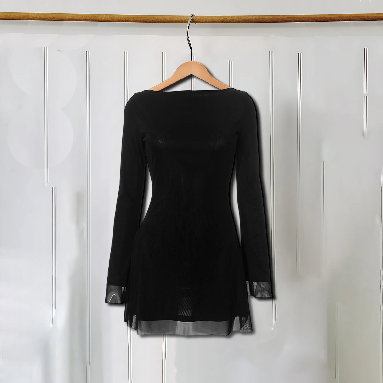 Mini vestido feminino de malha dupla camada, sólido, manga comprida, costas abertas, amarração, para festa diária, clube