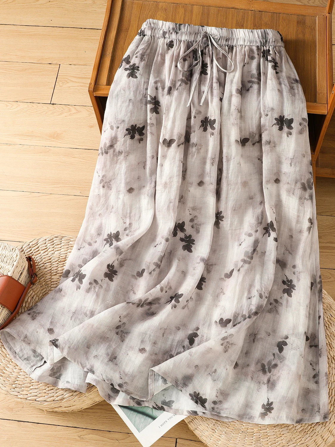 Retro chinês tinta de água tingido linho f saia feminina solta artística versátil meados de comprimento a linha saia verão nova chegada