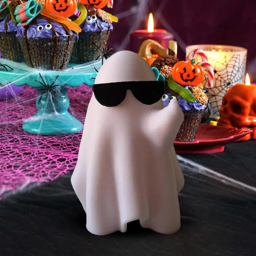 Illuminated Ghost Ornament Ghost Statue with Light Festive Halloween Ghost Figurine with Light Sunglasses Resin for Festival