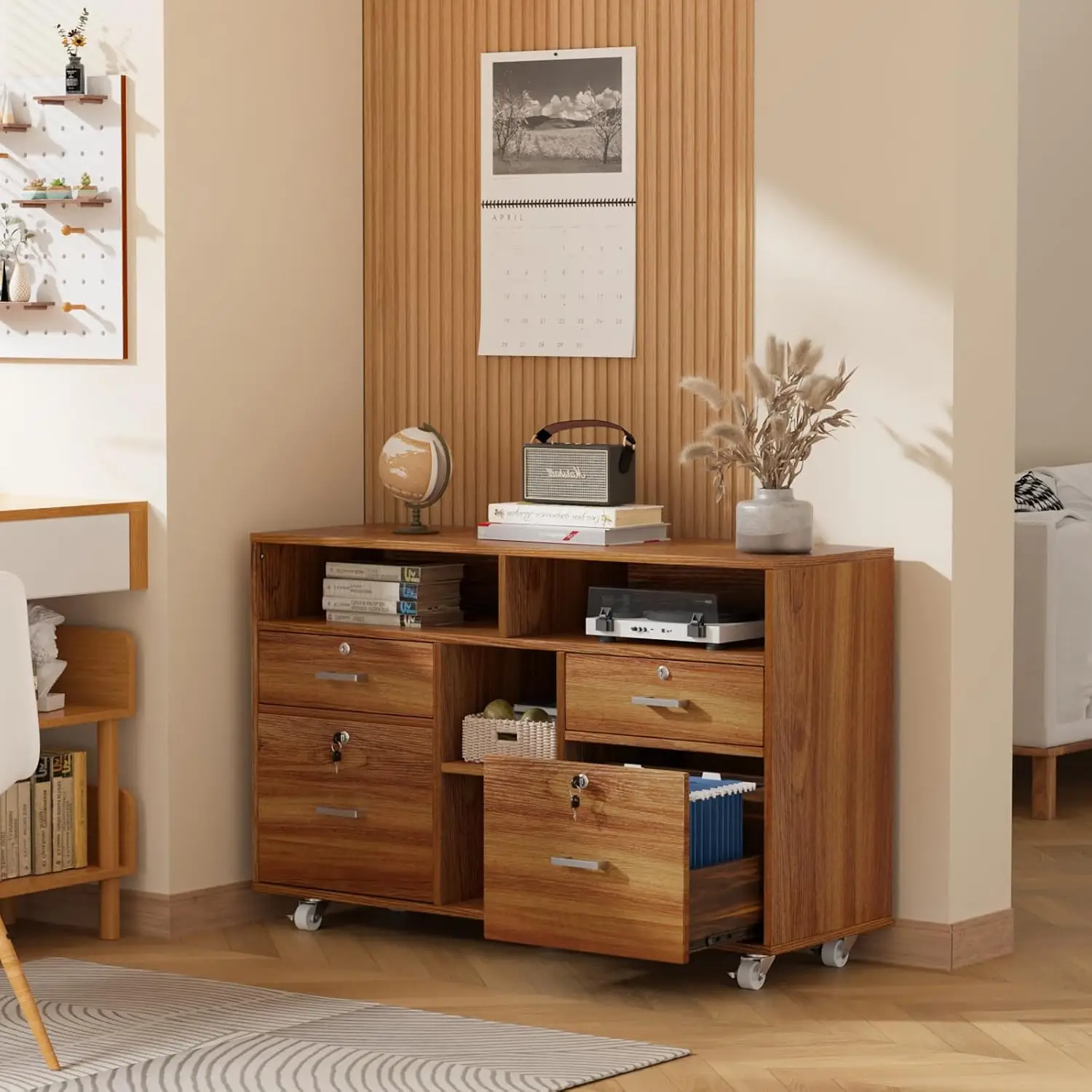 4-Drawer Lockable Rolling File Cabinet Open Shelves Walnut Wood Lateral Printer Stand Home Office Letter Size, Customized