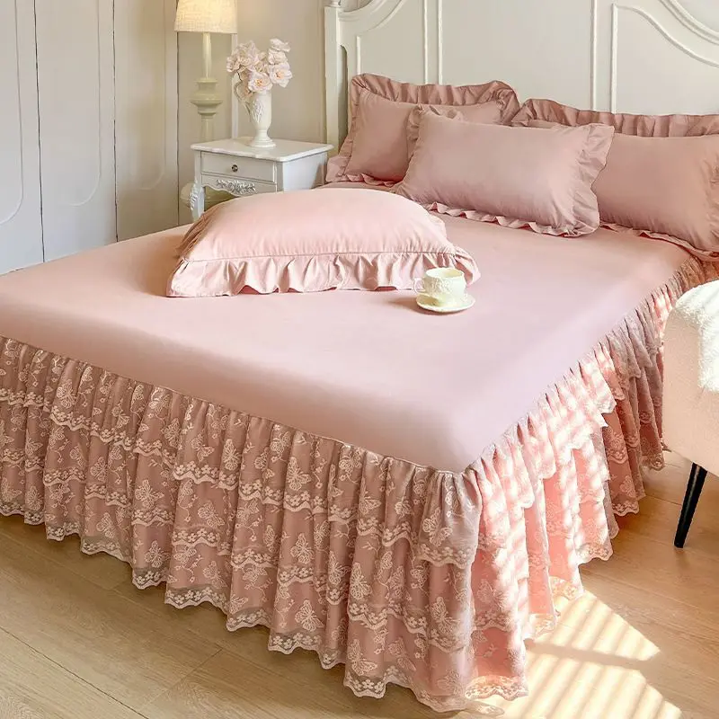 

Skin-Friendly Korean-Style Lace Ruffled Bed Skirt Brushed Fabric Bed Cover for Double Bed, Mattress Protector & Fitted Bedspread