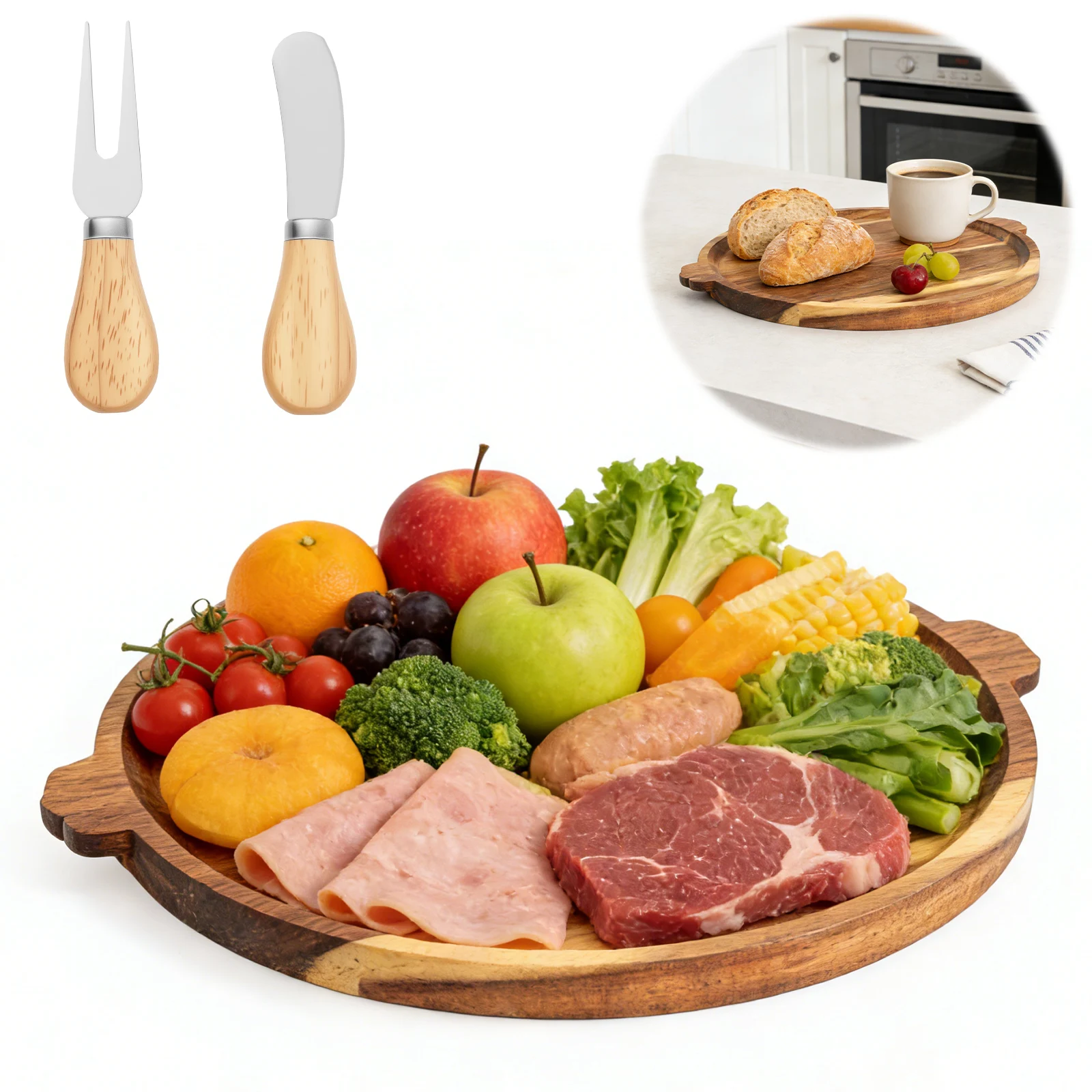 Round Wooden Charcuterie Platter Decorative Snack Serving Tray Coffee Table Serving Board with…