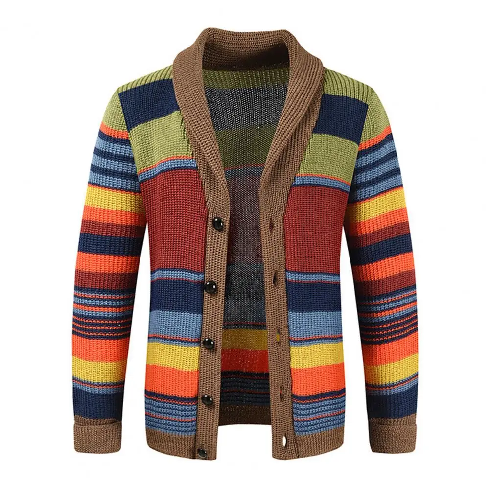 

Men Winter Sweater Stylish Men's Knitted Color Matching Striped Cardigan Fall Winter Sweater Coat with Casual Buttons Lapel