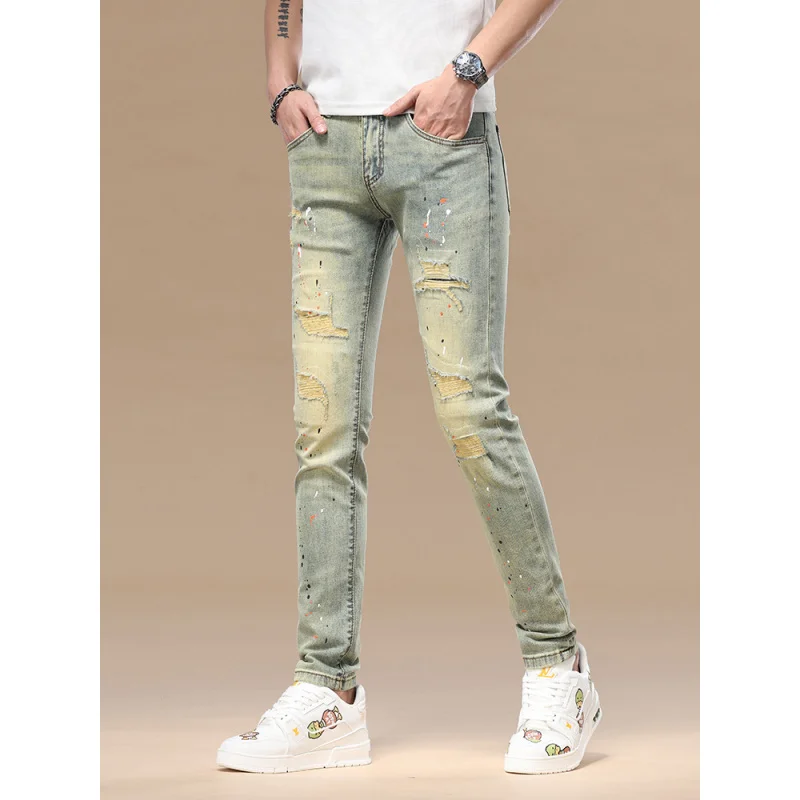 Pantalones vaqueros retro desgastados de alta gama para hombre, ajustados, de nueve pulgadas, pies pequeños, tinta salpicada, novedad de Primavera/verano 2025, pantalones elásticos de moda