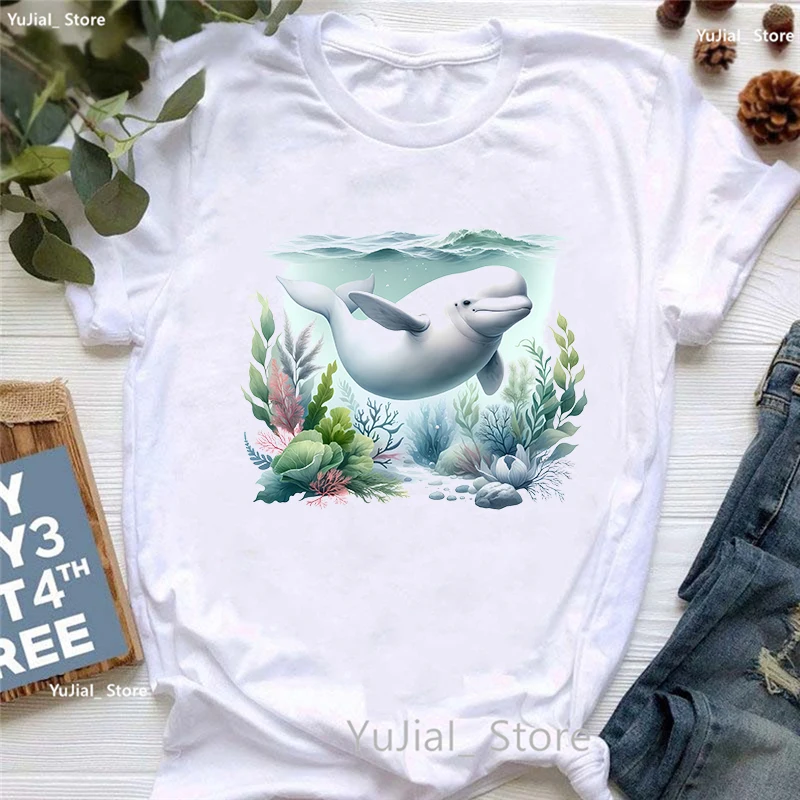 

Hot Sale Beluga Whale Print T Shirt Girls Summer Fashion T-Shirt Women Harajuku Kawaii Clothes Casual White T-Shirt