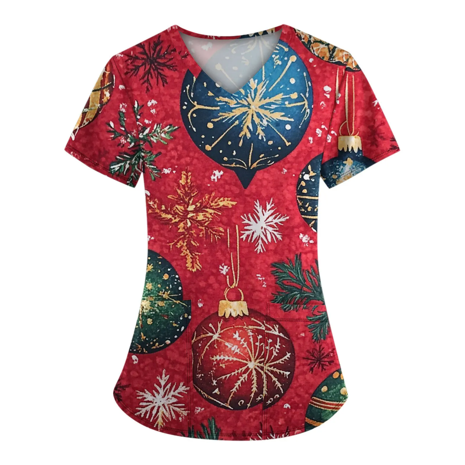 女性用医療ユニフォーム、お祭りの雪片、クリスマスツリーのプリントパターン、高品質、お手入れが簡単、速乾性の服