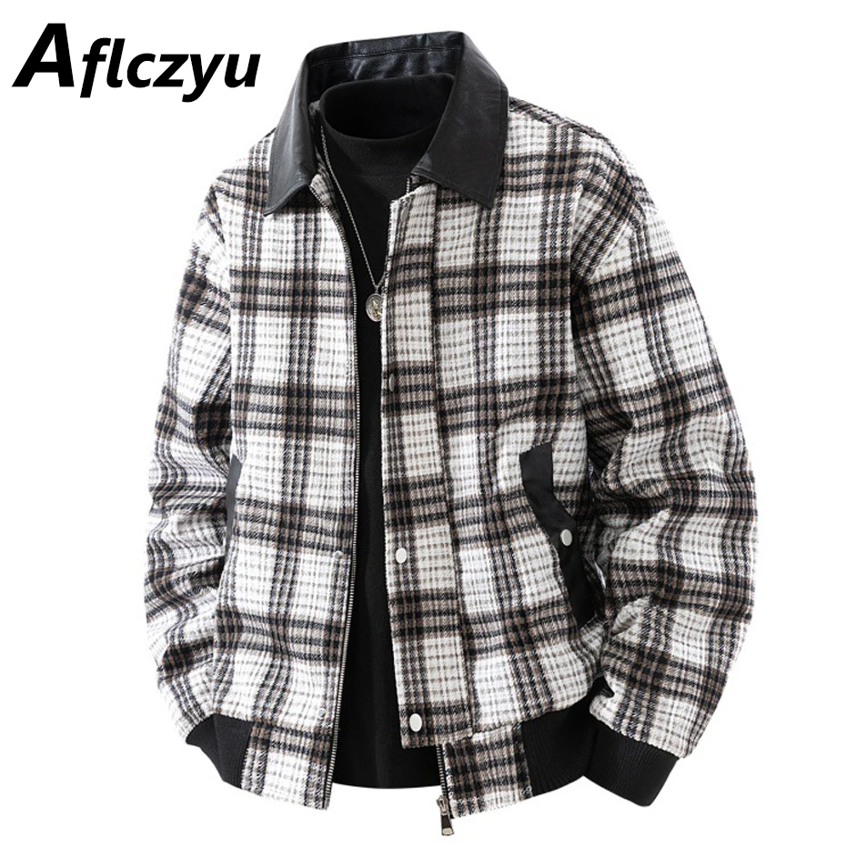 

Vintage Plaid Jacket Men Fashion Casual PU Lapel Jacket Coat Male Plaid Coat