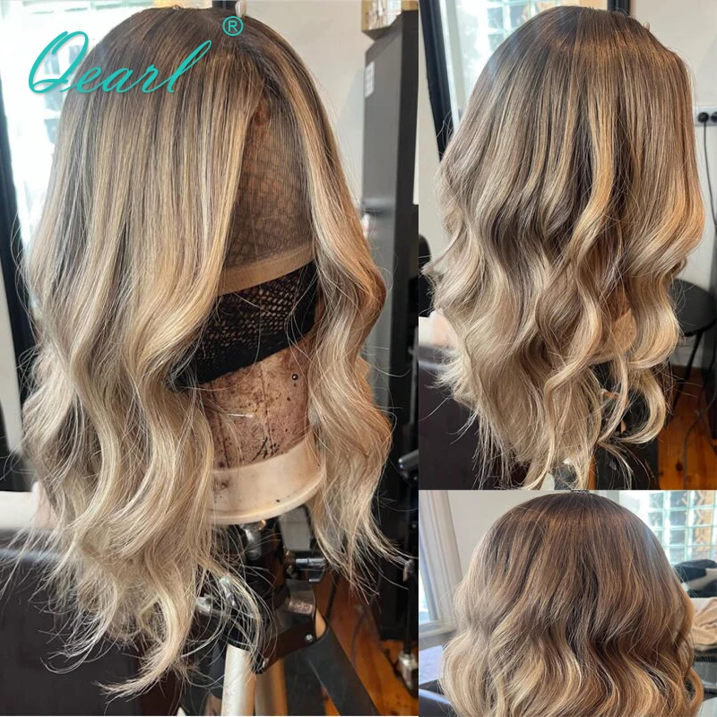 

Glueless Preplucked Human Hair Wigs Medium Brown Honey Blonde Highlights 360 Lace Frontal Wigs Wavy Full Lace Wig Top Sale Qearl