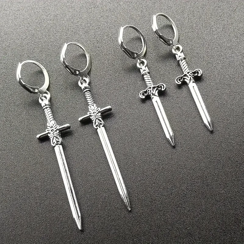 Vintage-Inspired Zinc Alloy Sword & Knife Pendant Earrings For Men - Fashionable Weapon Design