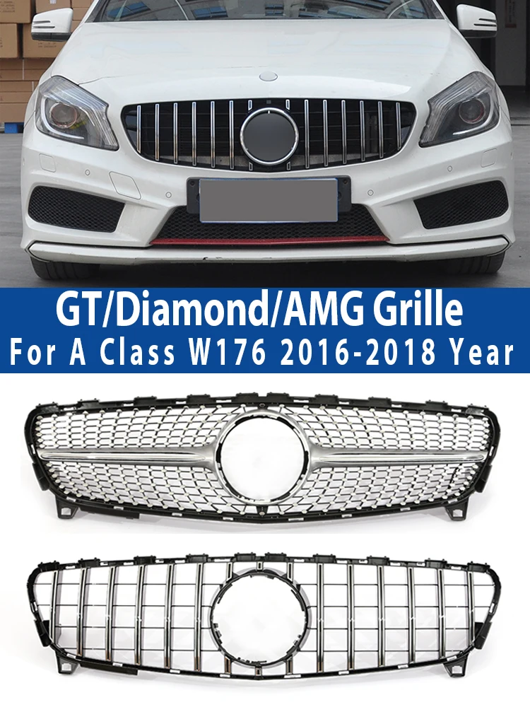 GT Front Bumper Grille For Mercedes Benz A-Class W176 2016-2018 A180 A200 A250 A45 AMG Chrome Black Diamonds Style Grille Black