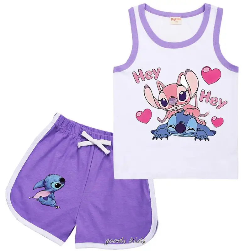 Children Lilo And Stitch Tracksuit Summer Kids Clothes Boy Sleeveless Tops + Shorts Suit Fashion Girls Vest 1-15 Year Old