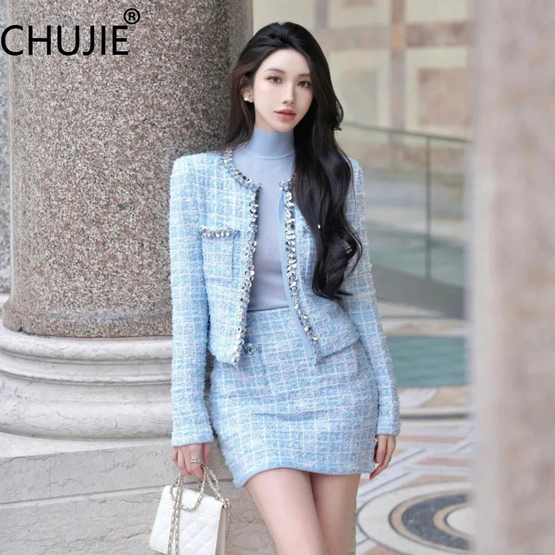 Viscose Polyester Dress Set French Elegant Sequin Beaded Slim Fit Blouse & Skirt Office Luxe