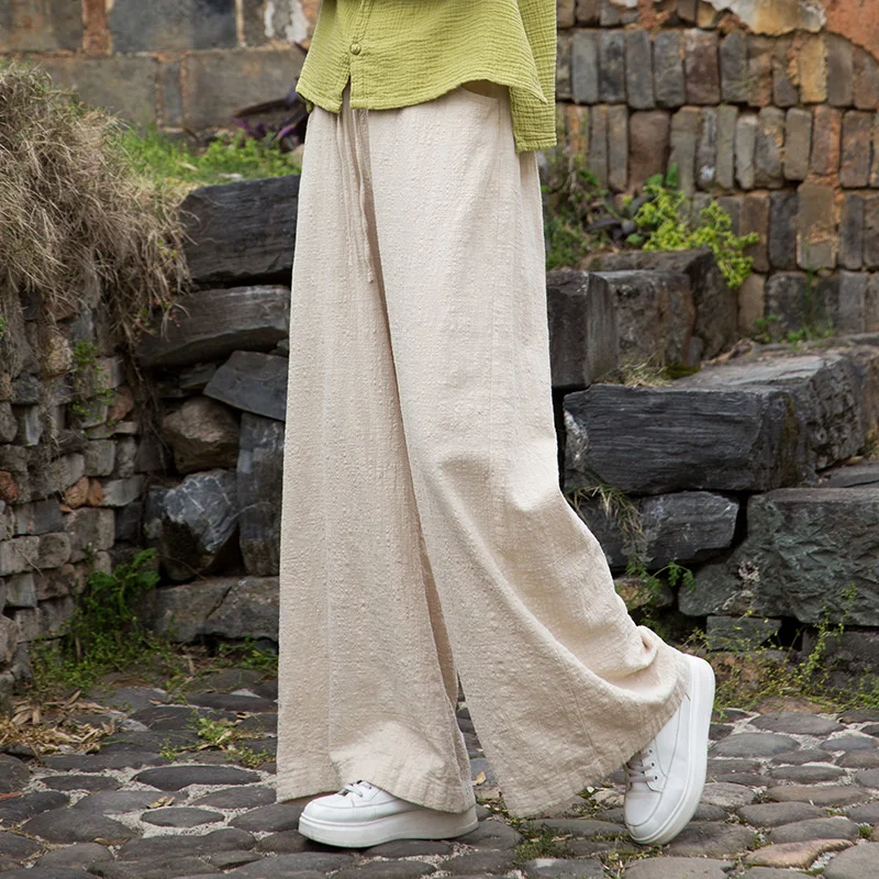 

2025 Summer Cotton Linen Wide-leg Pants Women Slubby Cotton Casual Trousers Sand Wash Distressed Comfy Lady Thin Straight Pants